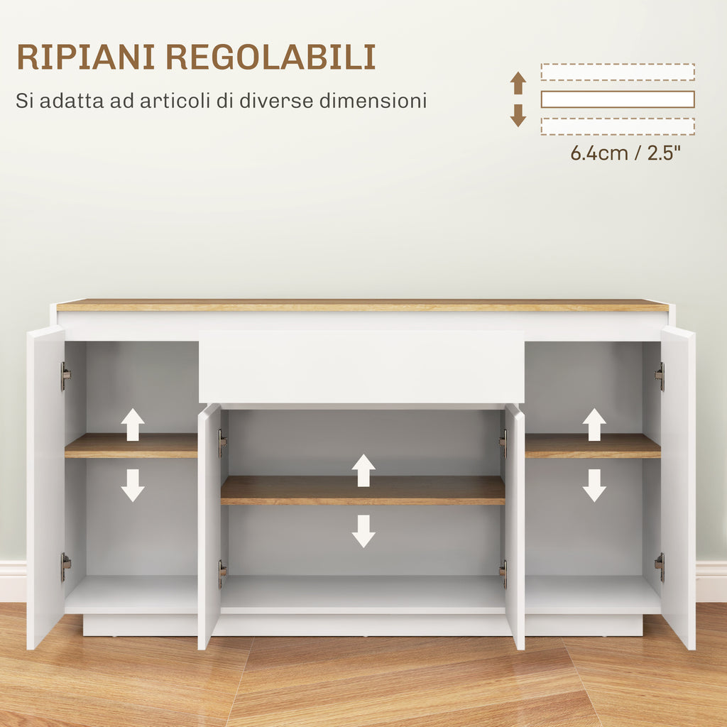 Modern Kitchen Sideboard with Drawer and 3 Cabinets with Adjustable Shelves, 140x40x75 cm, White
