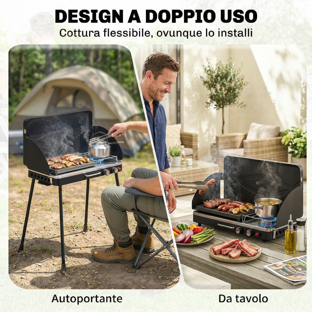 Outsunny 2-in-1 Portable Propane Gas BBQ with Grill and Stove, 7KW, Black