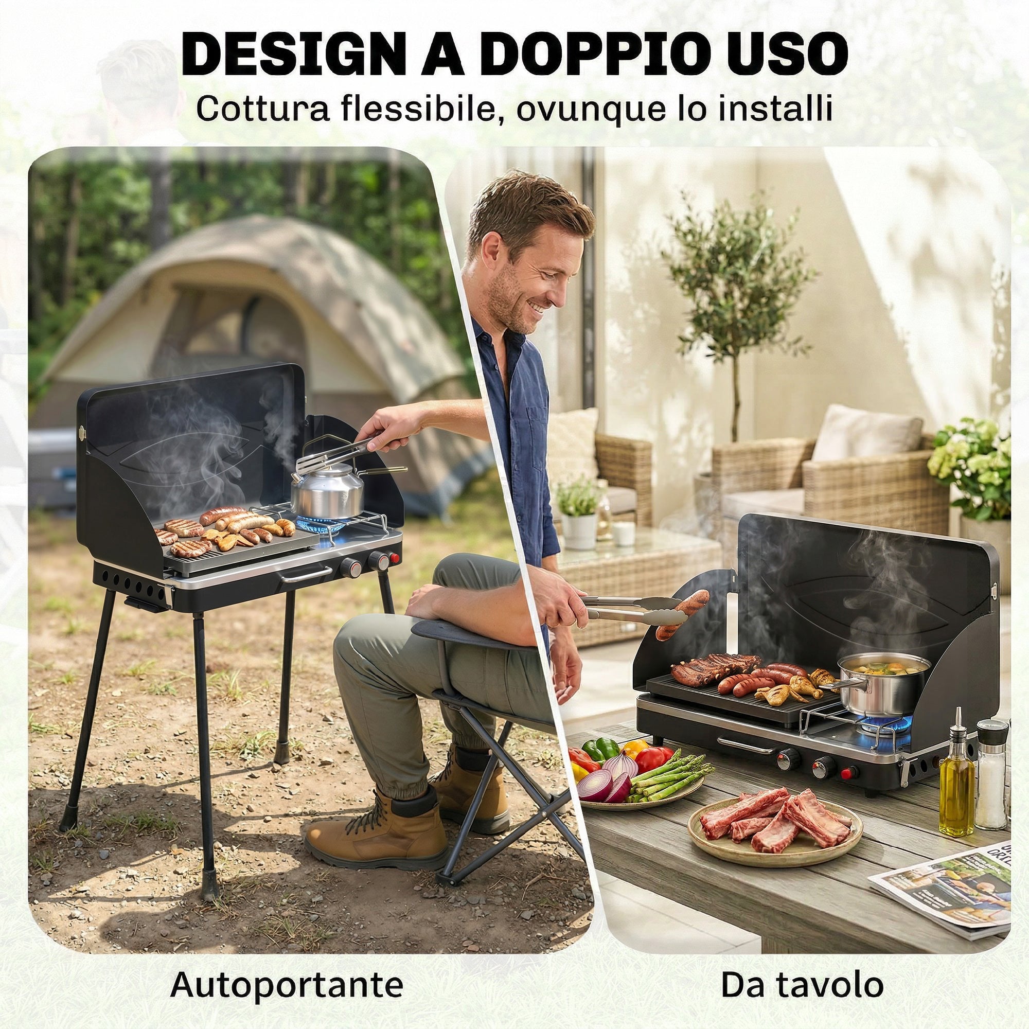 Outsunny 2-in-1 Portable Propane Gas BBQ with Grill and Stove, 7KW, Black