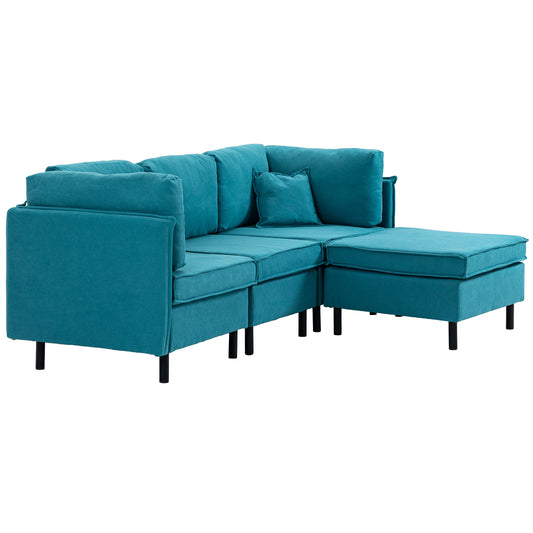 Modular L-shaped Sofa with Armrests and Footstool, in Linen Effect Fabric, 222x154.5x71 cm, Blue and Black - Borgè