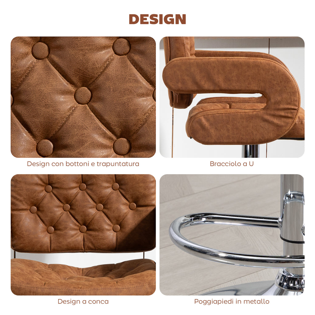 HOMCOM Bar Stool with Backrest and Armrests, Adjustable Height and Footrest, Brown Faux Leather