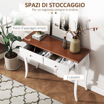 Modern Console Table with 2 Drawers in Wood, 100x35x76.5 cm, White and Dark Brown