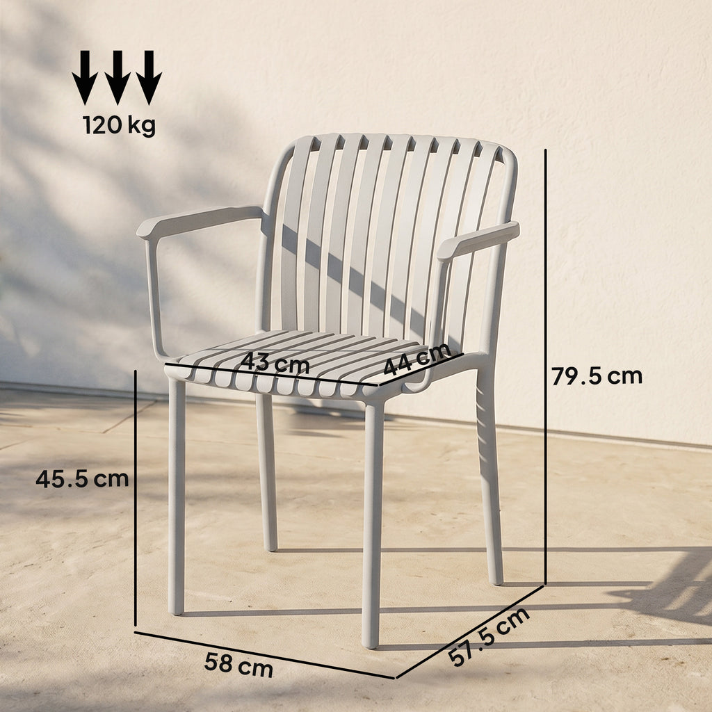 Outsunny Set of 4 Stackable Garden Chairs with Armrests, Plastic Slatted Design, Grey