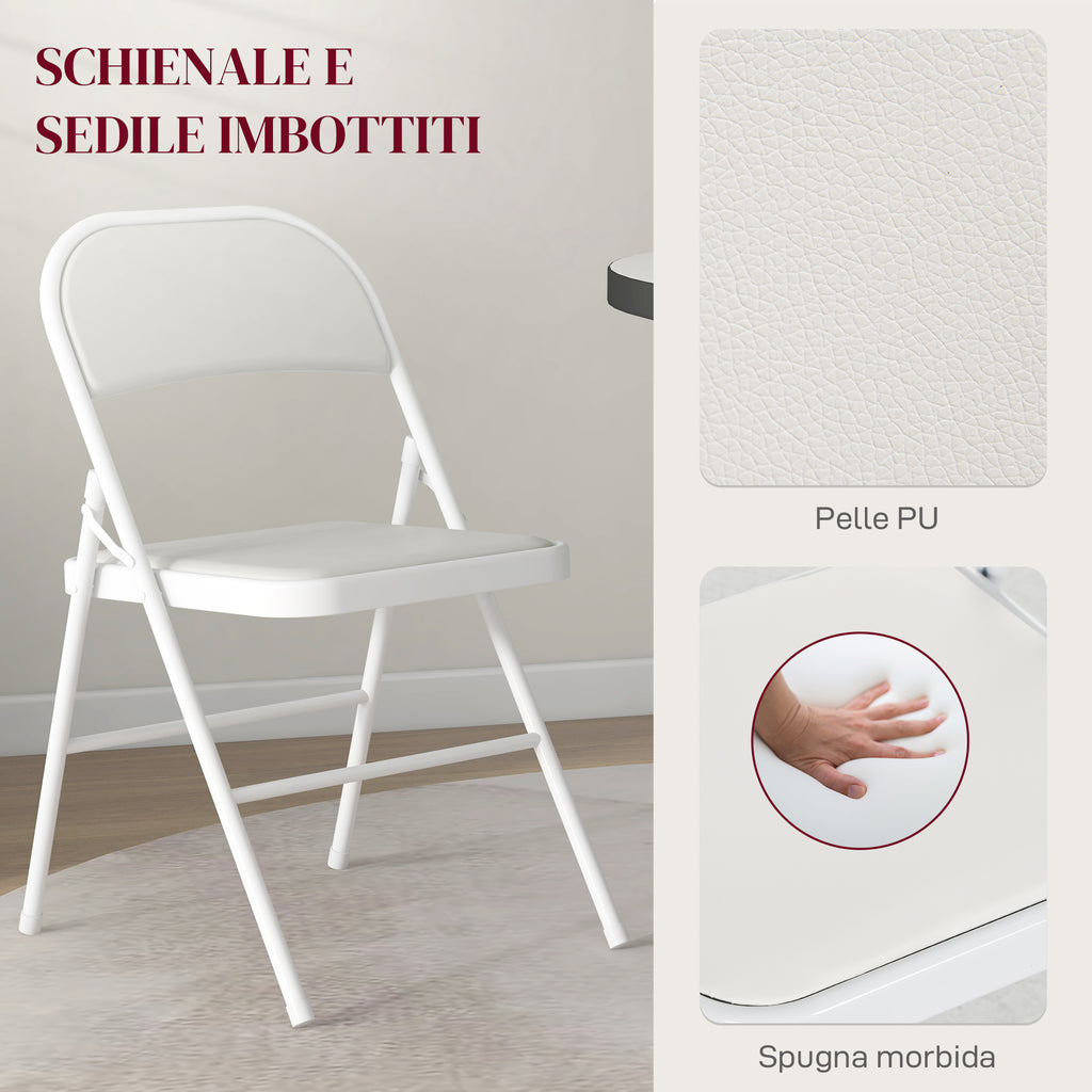 Set of 2 Folding Chairs Padded in PU Faux Leather and Metal, 45x46x78 cm, White