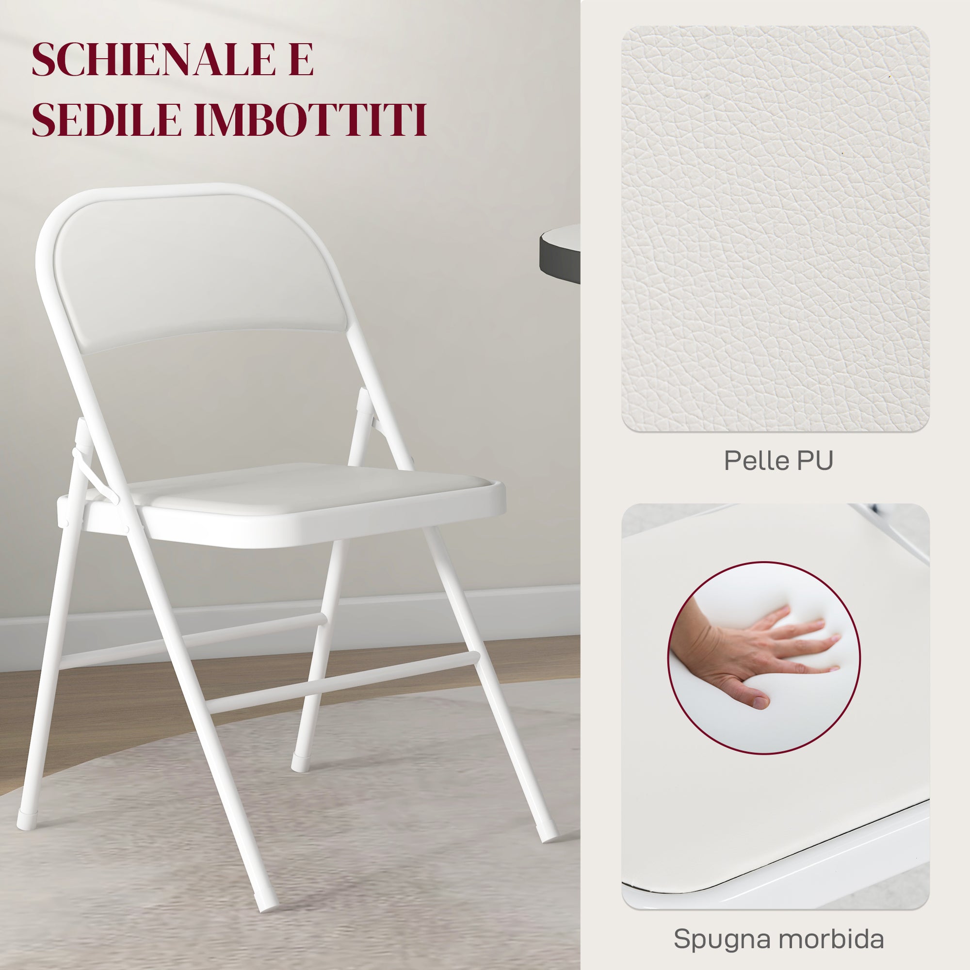 Set of 2 Folding Chairs Padded in PU Faux Leather and Metal, 45x46x78 cm, White