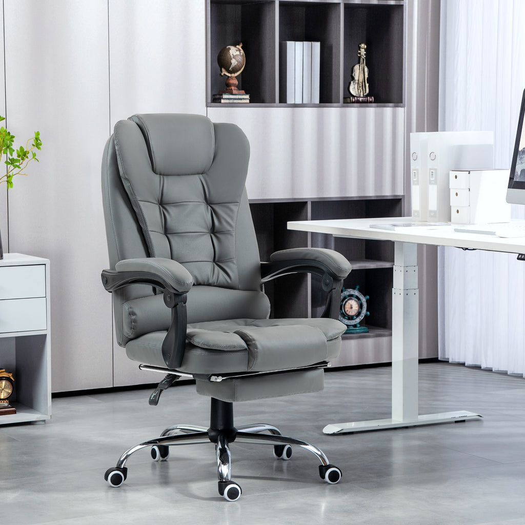 Ergonomic Office Chair 145° Reclining with Pull-Out Footrest in Faux Leather, Grey