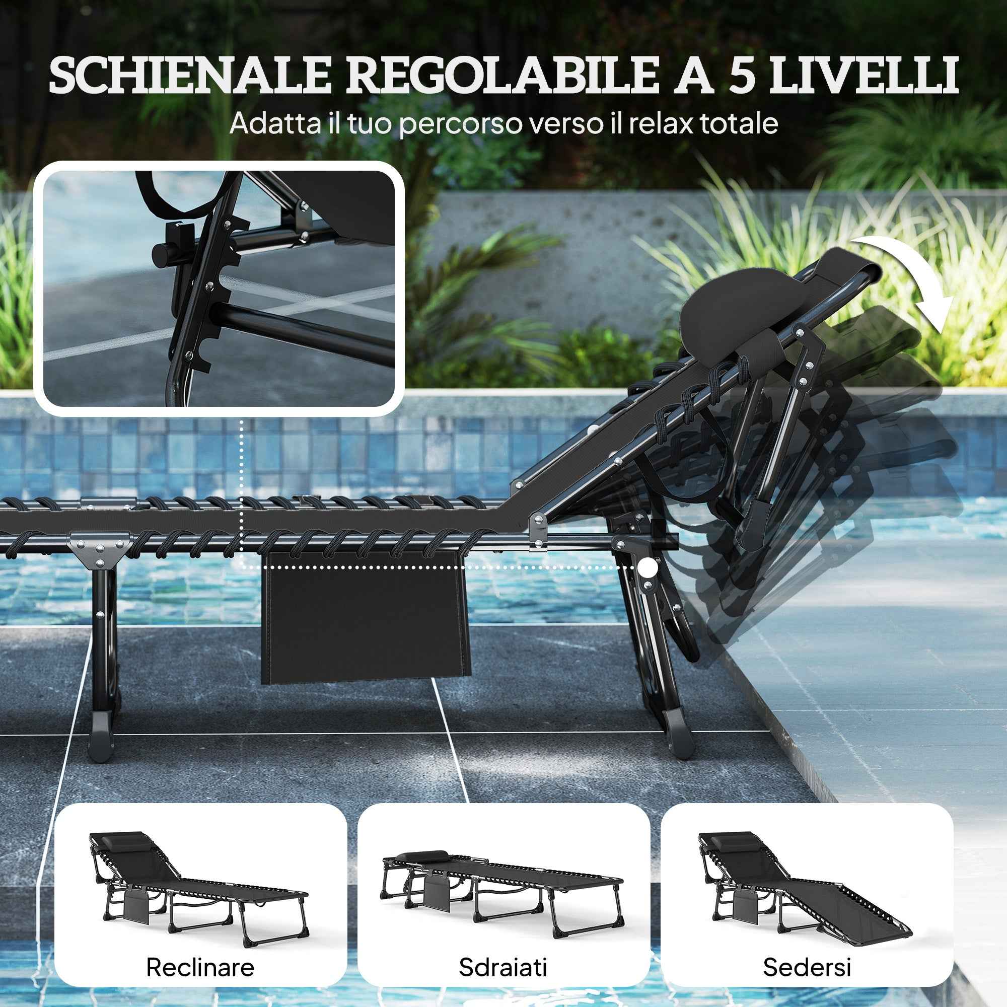 Outsunny Set of 2 Folding and Reclining Garden Sun Loungers on 5 Levels with Cushions, 57x200x38 cm, Black