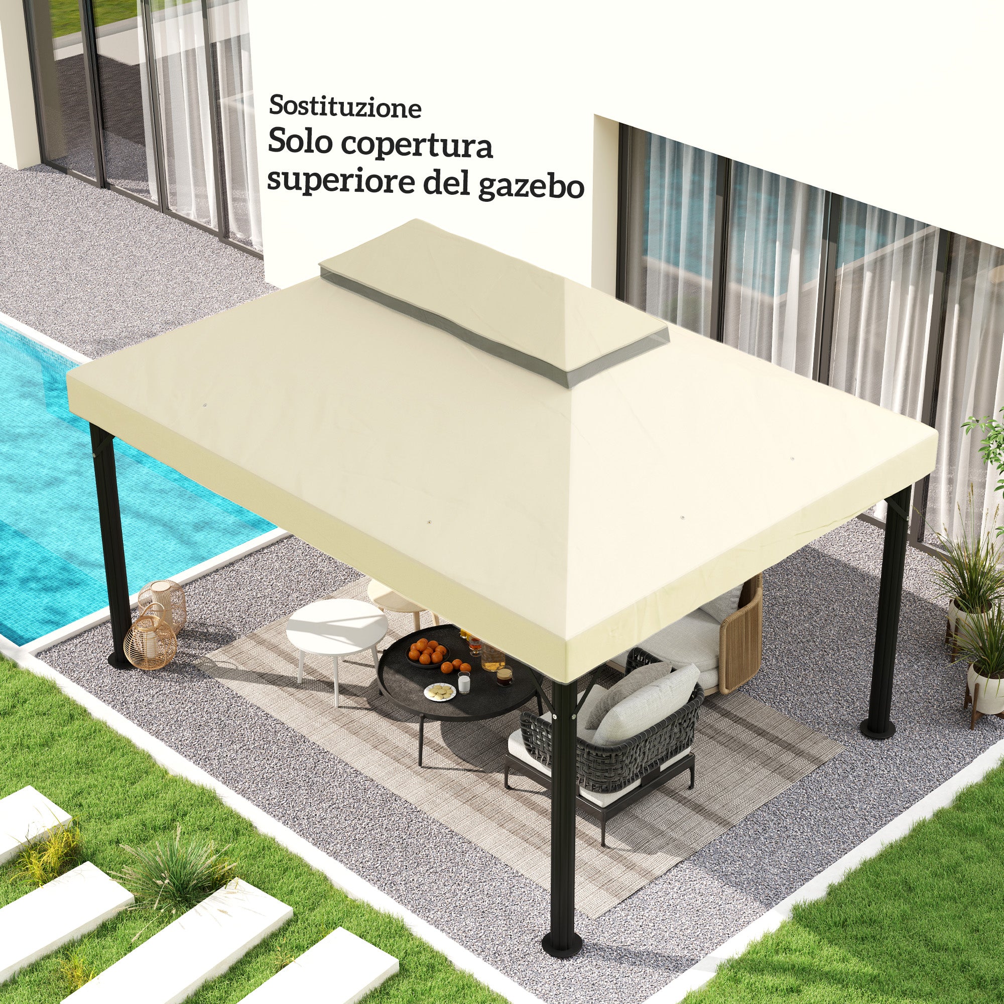 3x4m 2 Tier 600D Oxford Fabric Garden Gazebo Cover with Drainage Holes, Cream White