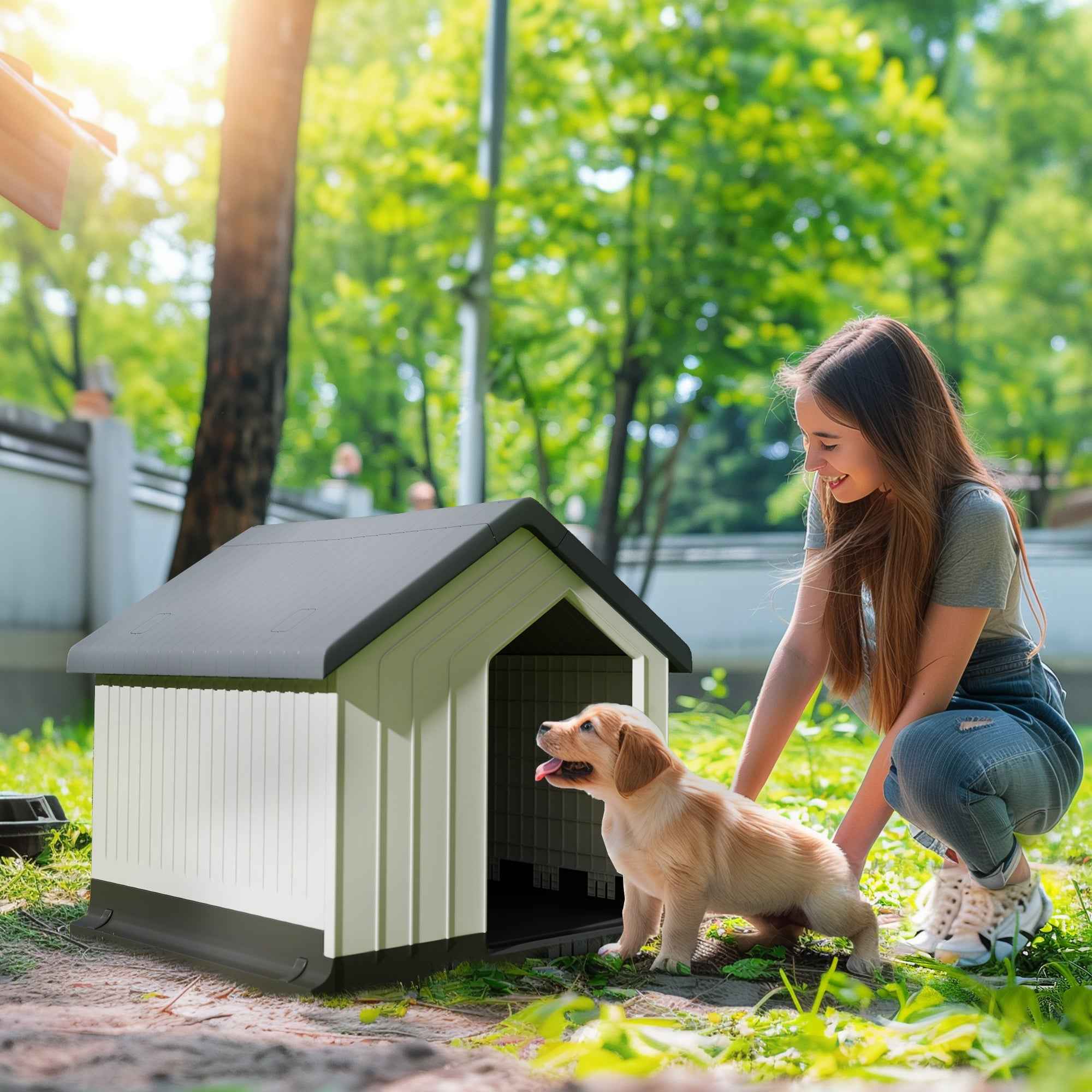 PawHut Waterproof Outdoor Plastic Dog House for Small and Mini Dogs with Window, 62x61x60 cm, Grey