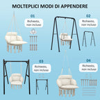 Boho Style Hanging Armchair with Cushion, in Steel, Cotton and Polyester, 80x60x40 cm, Cream White