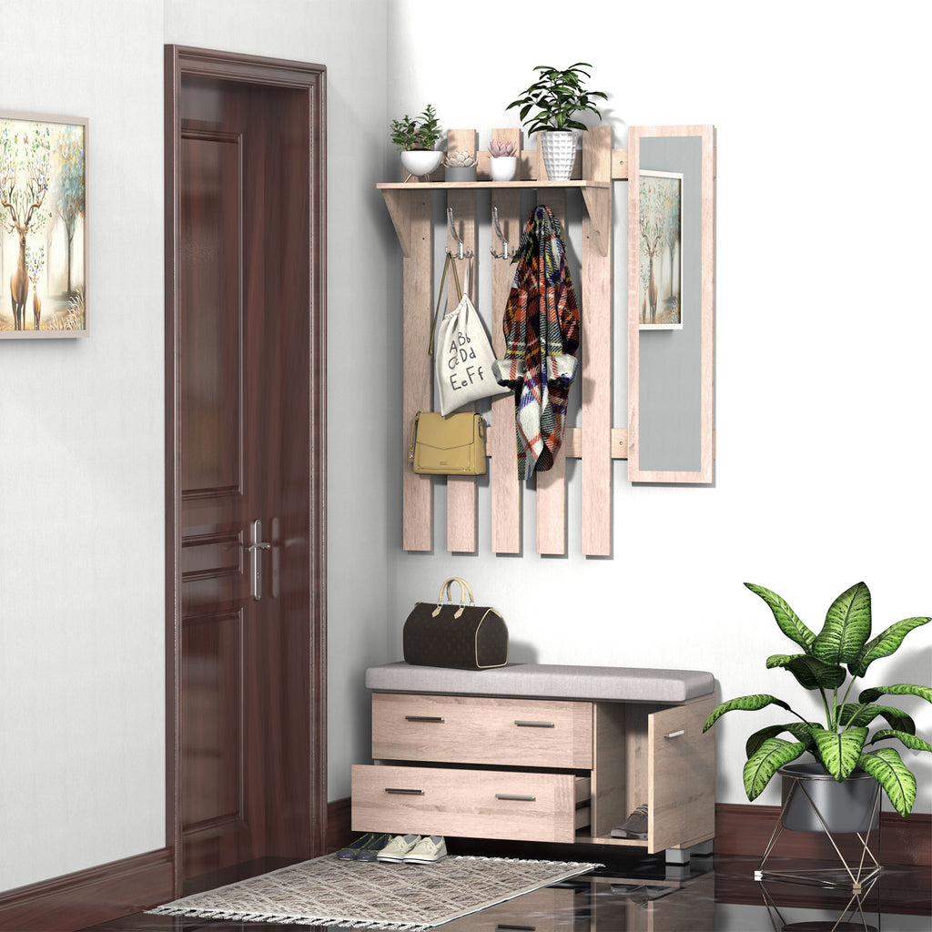 3-in-1 Wardrobe Furniture Set with Mirror and Shoe Rack for Entrance Hallway, Chipboard, 90 x 21.5 x 116cm, Oak