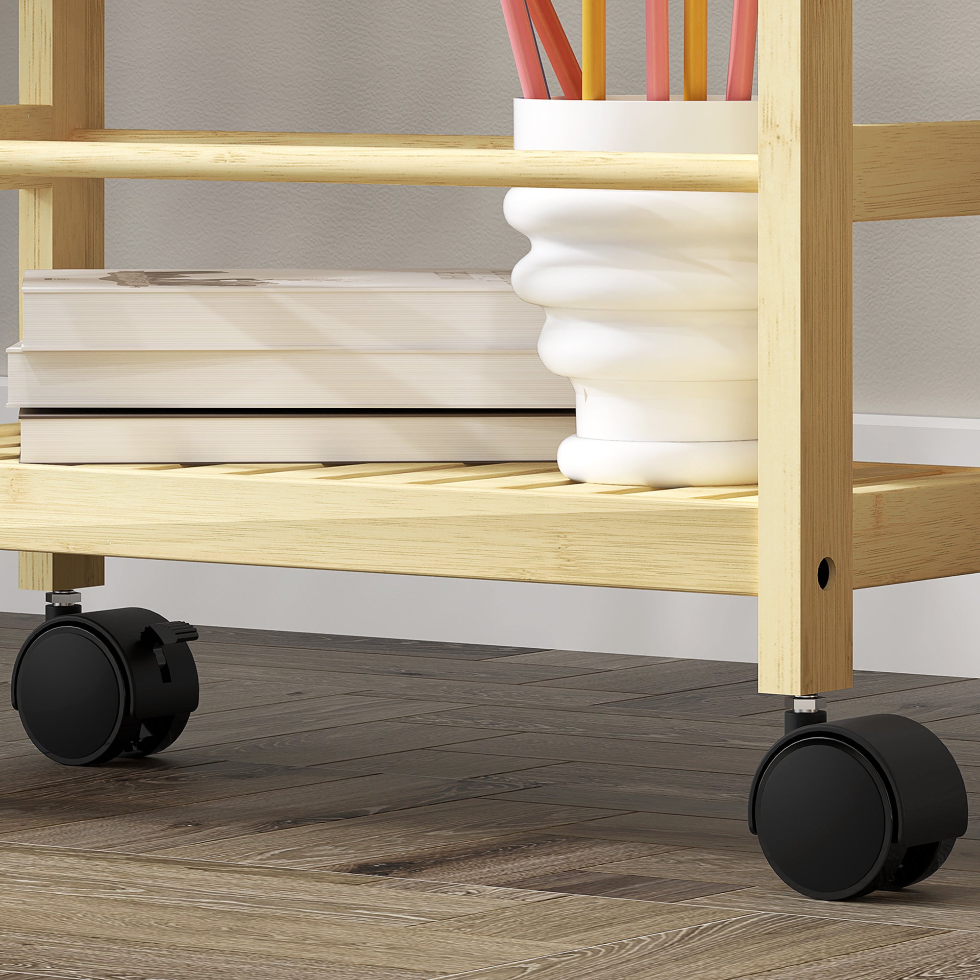 3-Tier Bathroom Shelf with Wheels, Bamboo Wood Trolley, 36x15x73 cm, Wood Color