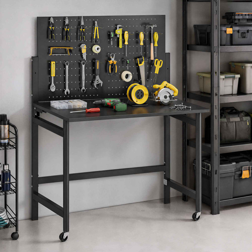HOMCOM Portable Folding Workbench with Perforated Panel, Thick Wood Top, Steel Frame, Black
