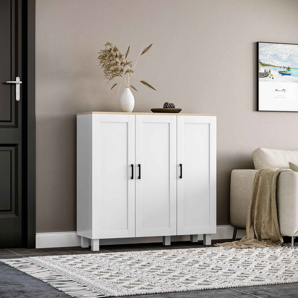 HOMCOM 3-Door Wooden Kitchen Sideboard, Adjustable Shelves, Nordic Minimalist Style, 90x30x90cm, White