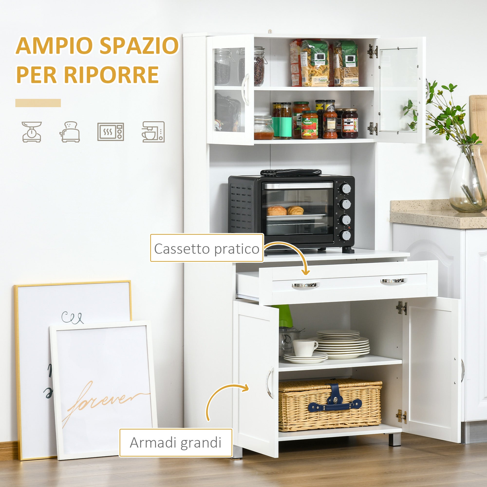 Modern Kitchen Cabinet with 2 Cabinets, Glass Doors and Adjustable Shelves, 80x48x170 cm, White