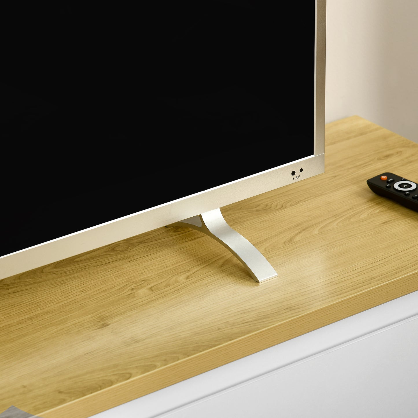 TV Stand up to 65" with Cabinets and Drop-Door in Chipboard, 140x37x45cm, White and Wood Color