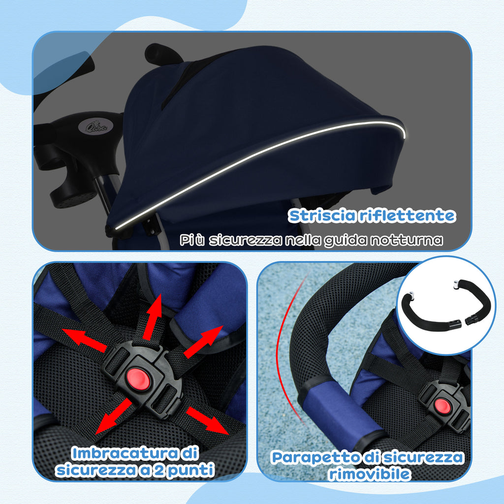 Tricycle Stroller for Children with Handlebar, Adjustable Sunshade and Safety Belt, Dark Blue - Borgè