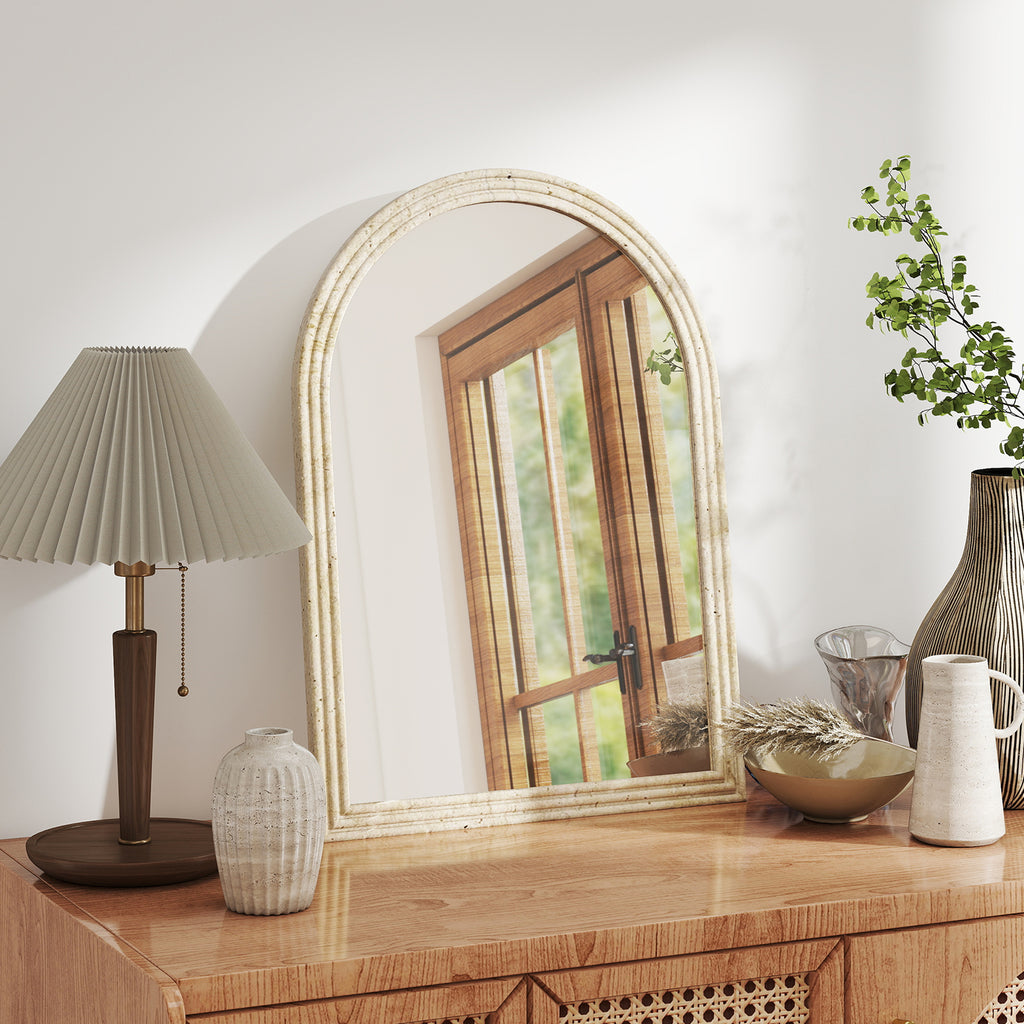Arched Wall Mirror with Fluted Edge and Hooks, Glass and Polystyrene, 60x2x90 cm, Beige