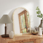 Arched Wall Mirror with Fluted Edge and Hooks, Glass and Polystyrene, 60x2x90 cm, Beige