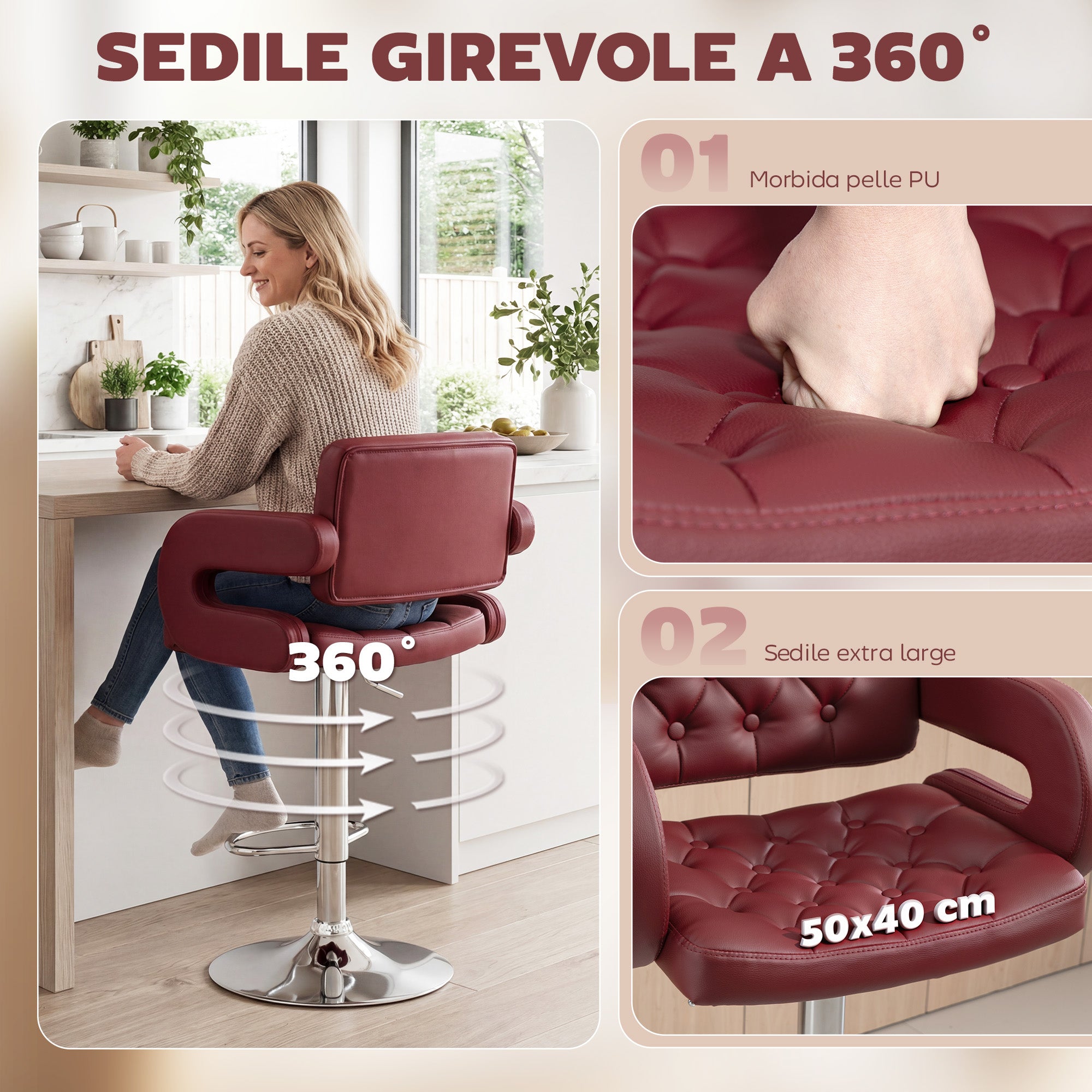 Bar Stool with Backrest and Armrests, Adjustable Height and Footrest, Faux Leather Red