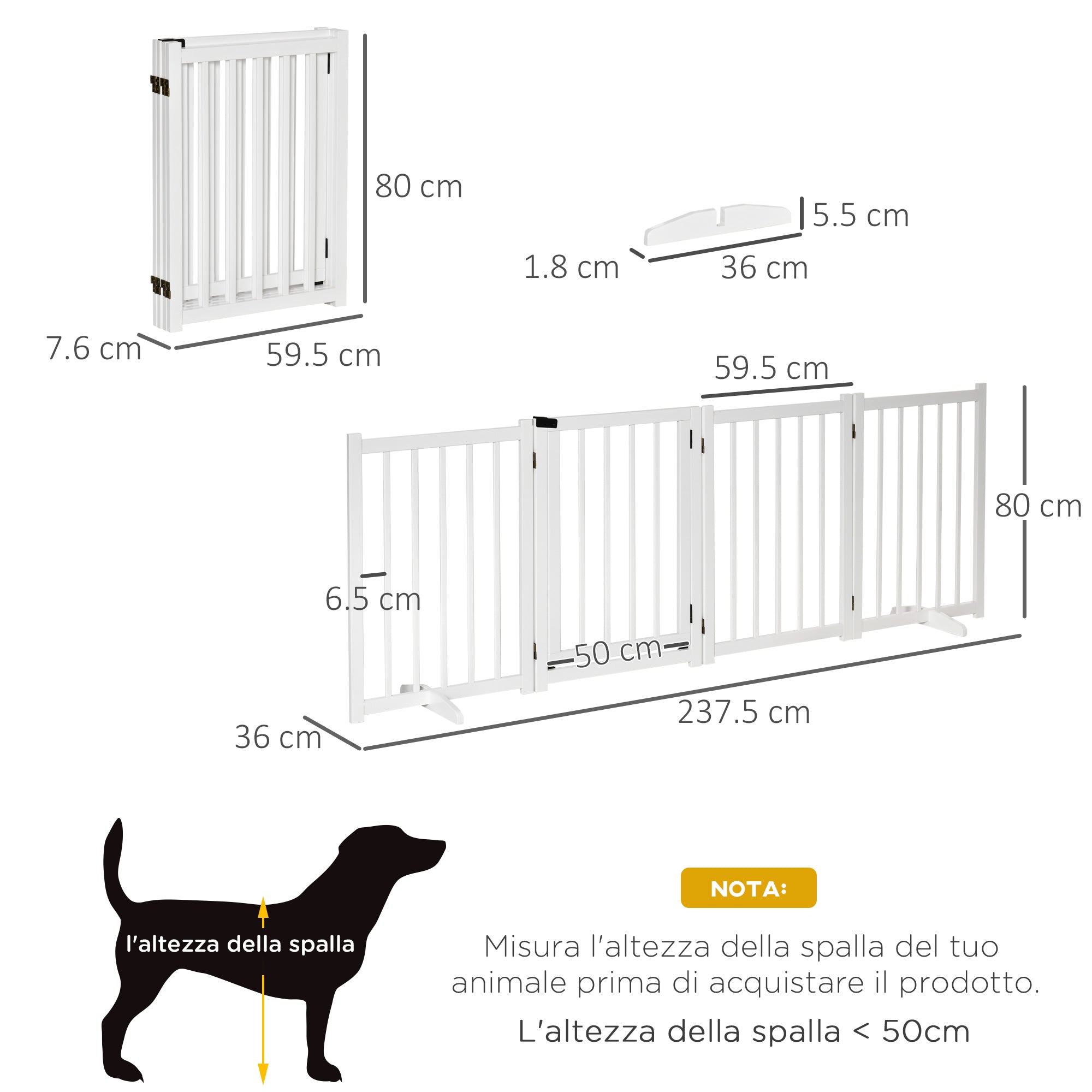 Folding Dog Gate for Small/Medium Dogs with Lock, Wooden, 237.5 x 36 x 80 cm - White