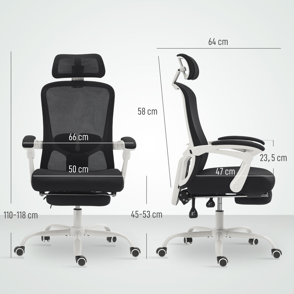 HOMCOM 135° Reclining Office Chair with Footrest, Lumbar Support, Headrest, Height-Adjustable, Mesh, Black
