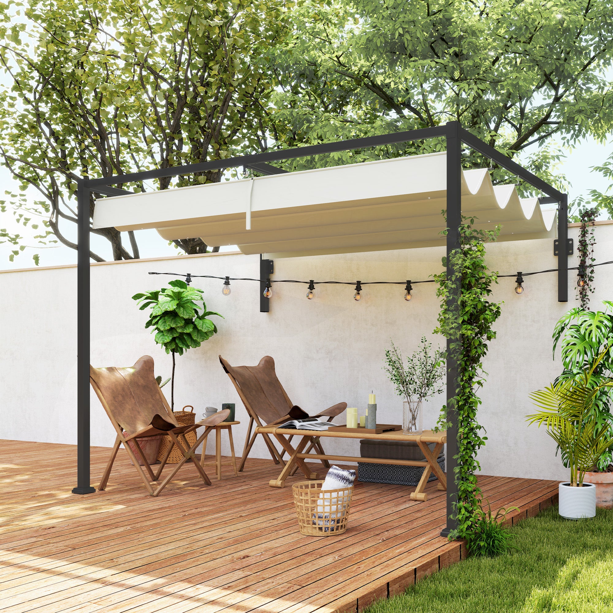 Outsunny Pergola Gazebo 3x2 m with Retractable Canopy and Drainage Holes in Steel and Polyester, Cream