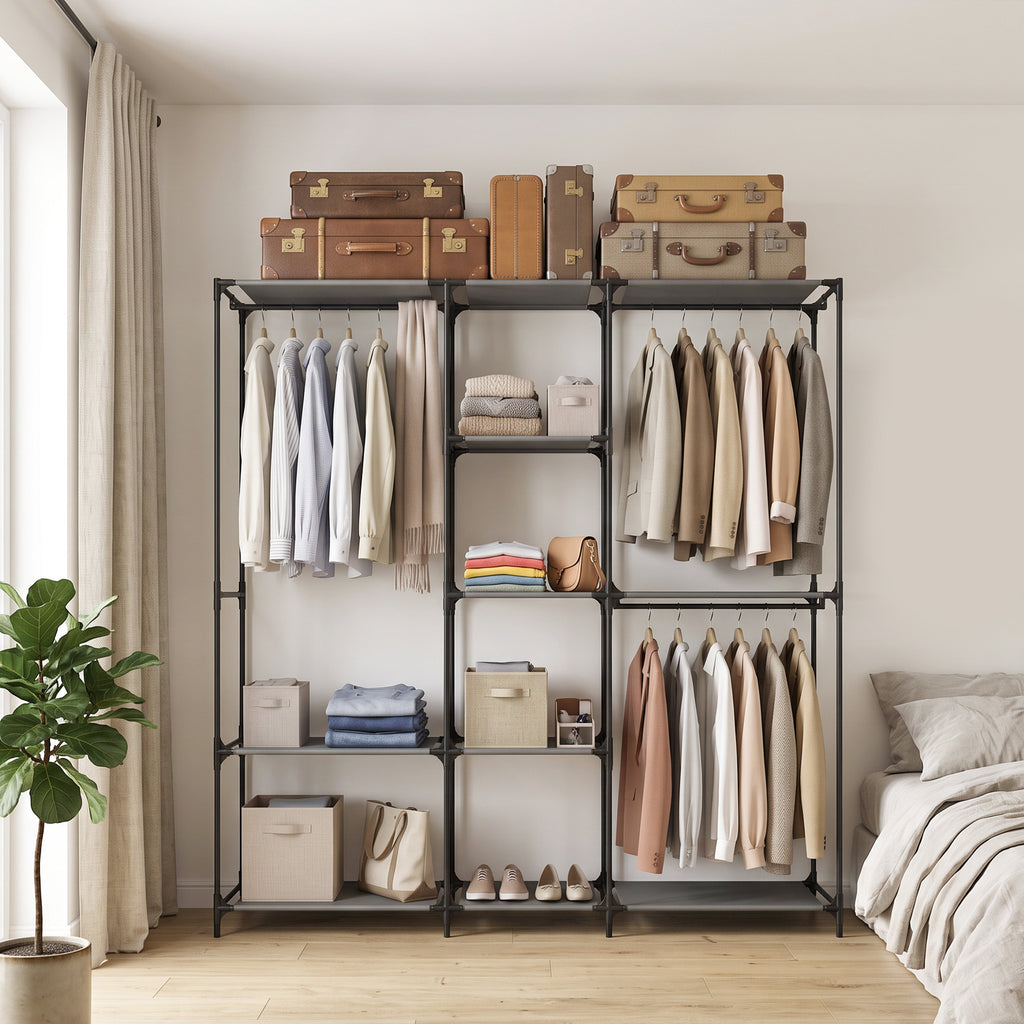 HOMCOM Space-Saving Open Wardrobe with 3 Hanging Rails, 5 Shelves, Steel Frame, 182x43x182 cm, Black