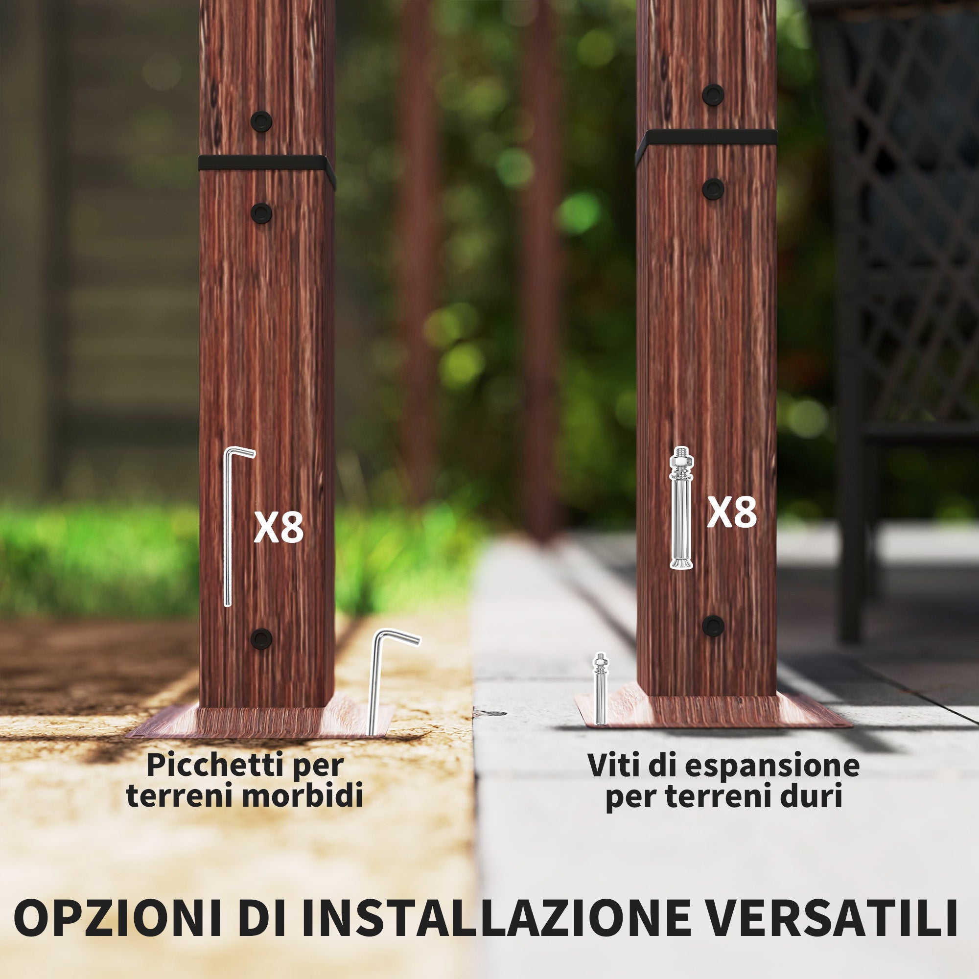 Gazebo Pergola with Retractable Roof, Pegs and Screws, in Polyester and Aluminum, 382x300x232 cm, Wood Color