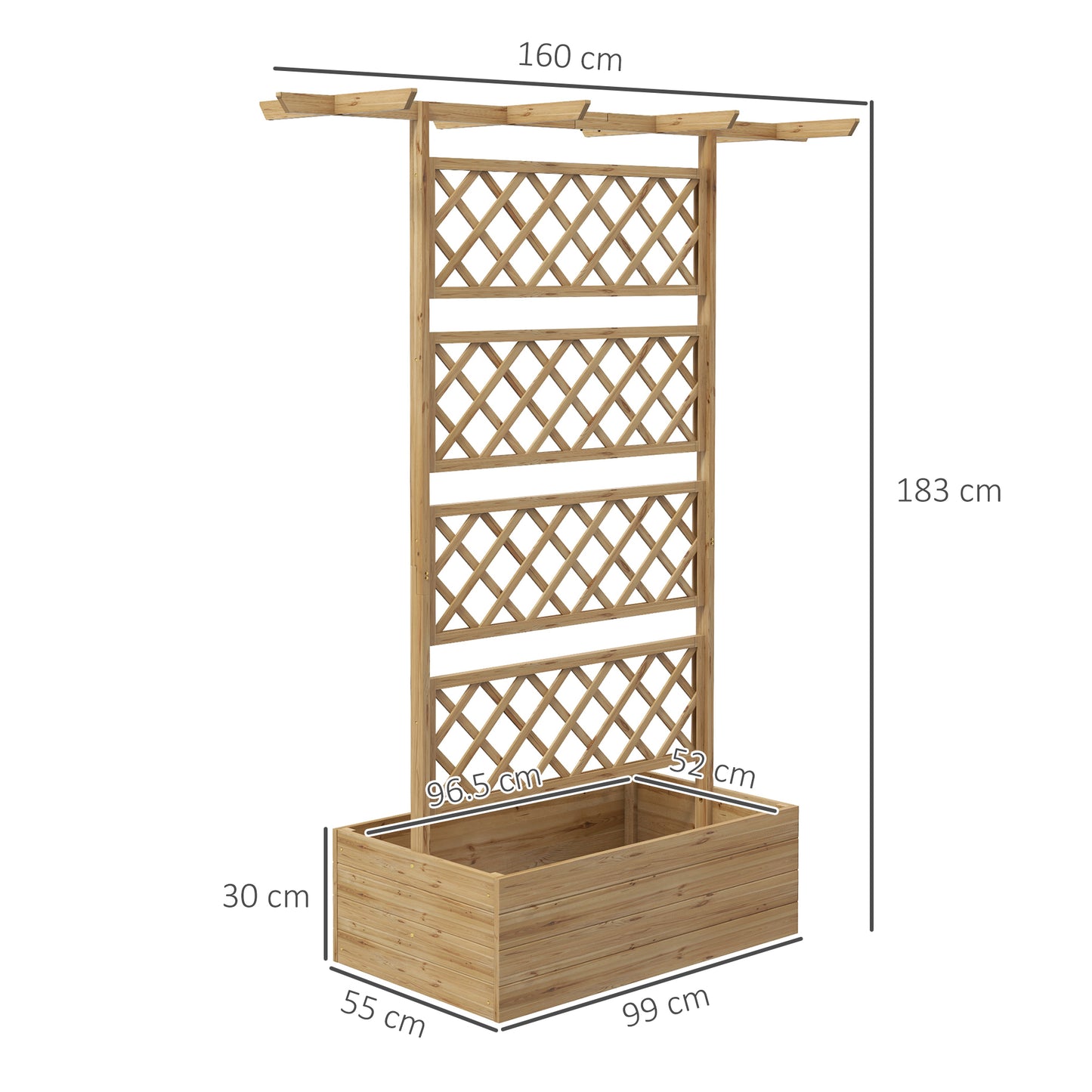 Outsunny bed for vegetable garden with trellis and pergola for climbing backgrounds with open background, 160x55x183cm, natural wood - Borgè