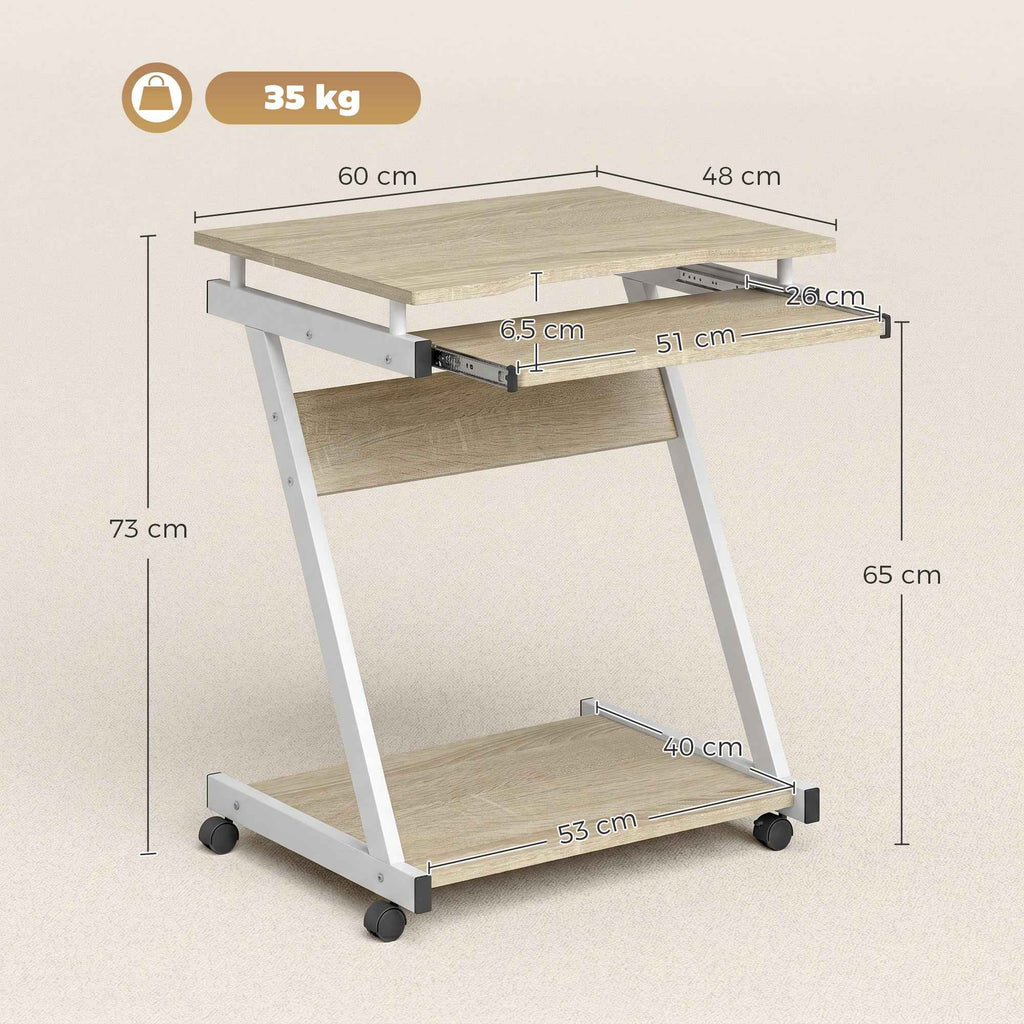 HOMCOM Computer Desk with 4 Wheels, Sliding Keyboard Tray, Oak Color