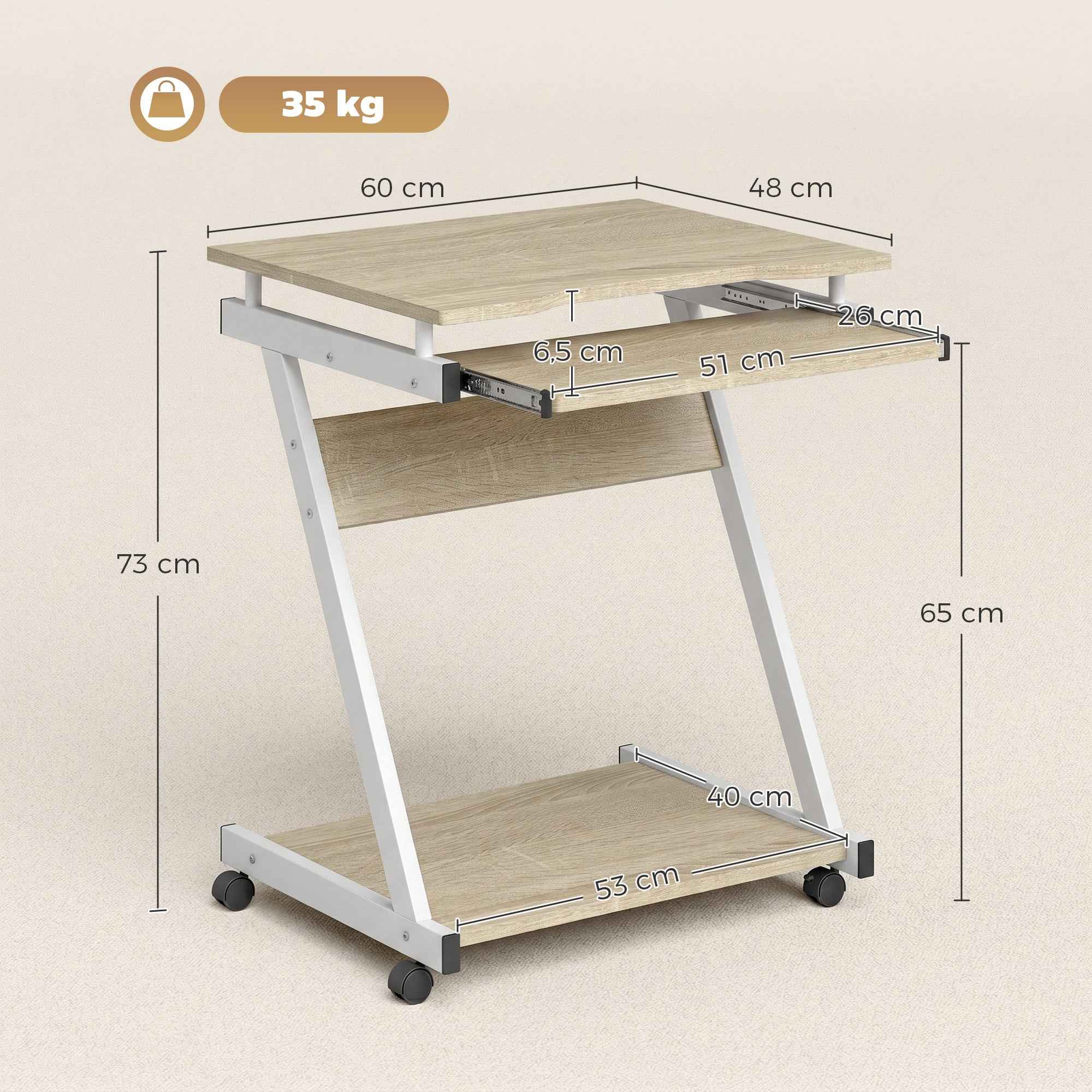 HOMCOM Computer Desk with 4 Wheels, Sliding Keyboard Tray, Oak Color