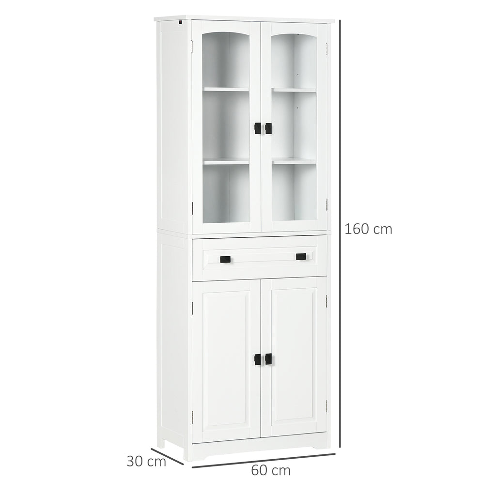 High Kitchen Sideboard with 2 Cabinets and Drawer, Glass Doors and Adjustable Shelves, 60x30x160cm, White