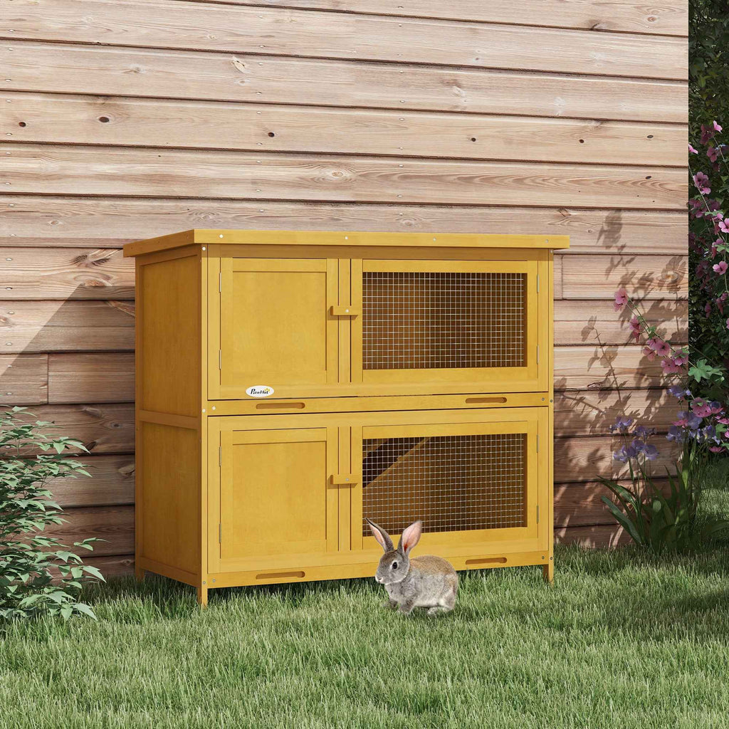 PawHut 2-Tier Rabbit Hutch in Fir Wood and Tar with Ramp, 2 Removable Trays, 4 Doors, 97x44x91 cm, Yellow