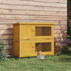 PawHut 2-Tier Rabbit Hutch in Fir Wood and Tar with Ramp, 2 Removable Trays, 4 Doors, 97x44x91 cm, Yellow