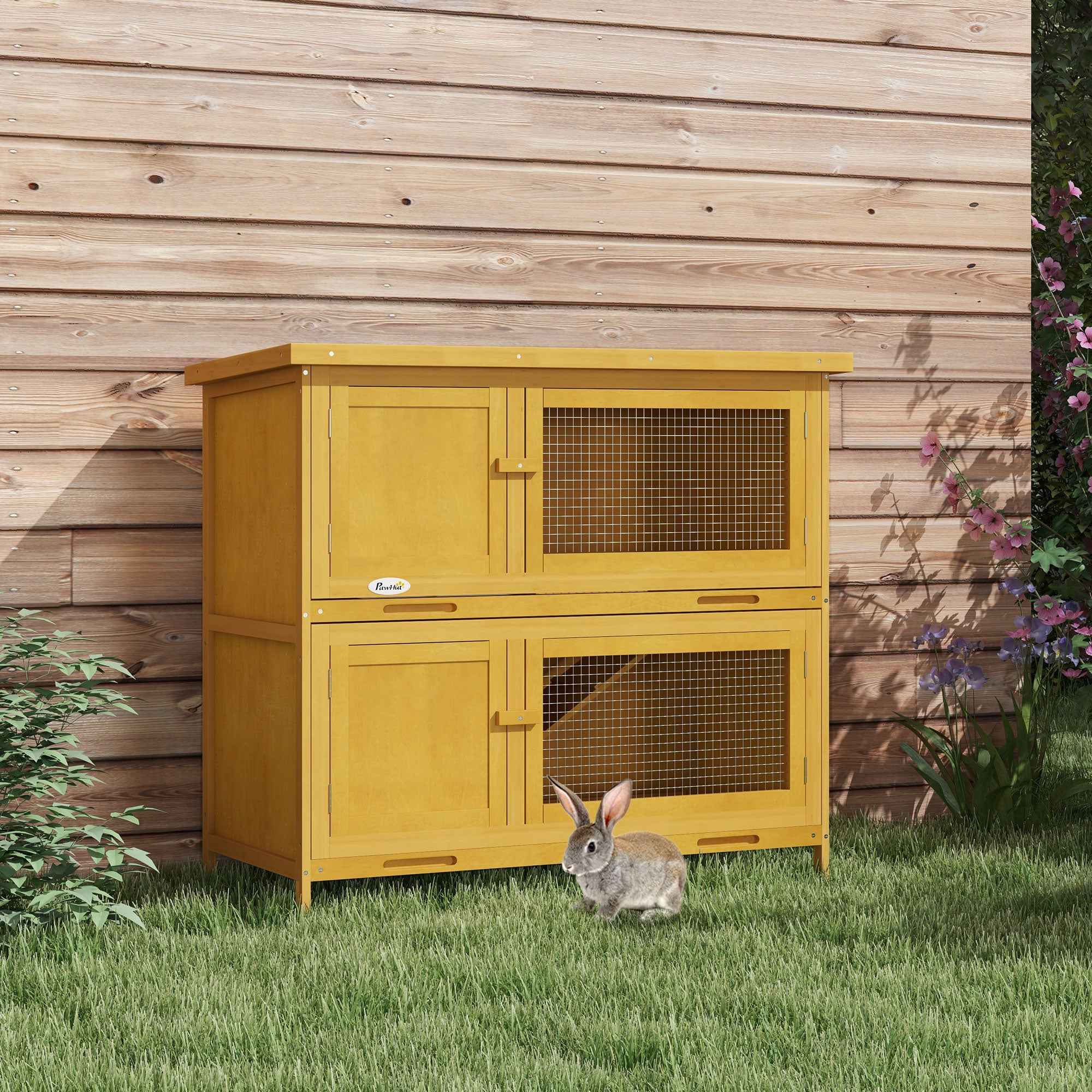 PawHut 2-Tier Rabbit Hutch in Fir Wood and Tar with Ramp, 2 Removable Trays, 4 Doors, 97x44x91 cm, Yellow