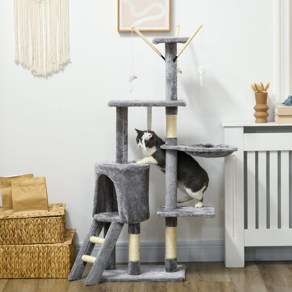 Cat Tower with House, Perch, Platforms and 4 Mice, Made of Wood, Plush and Sisal, 50x35x134.2 cm, Grey
