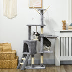 Cat Tower with House, Perch, Platforms and 4 Mice, Made of Wood, Plush and Sisal, 50x35x134.2 cm, Grey