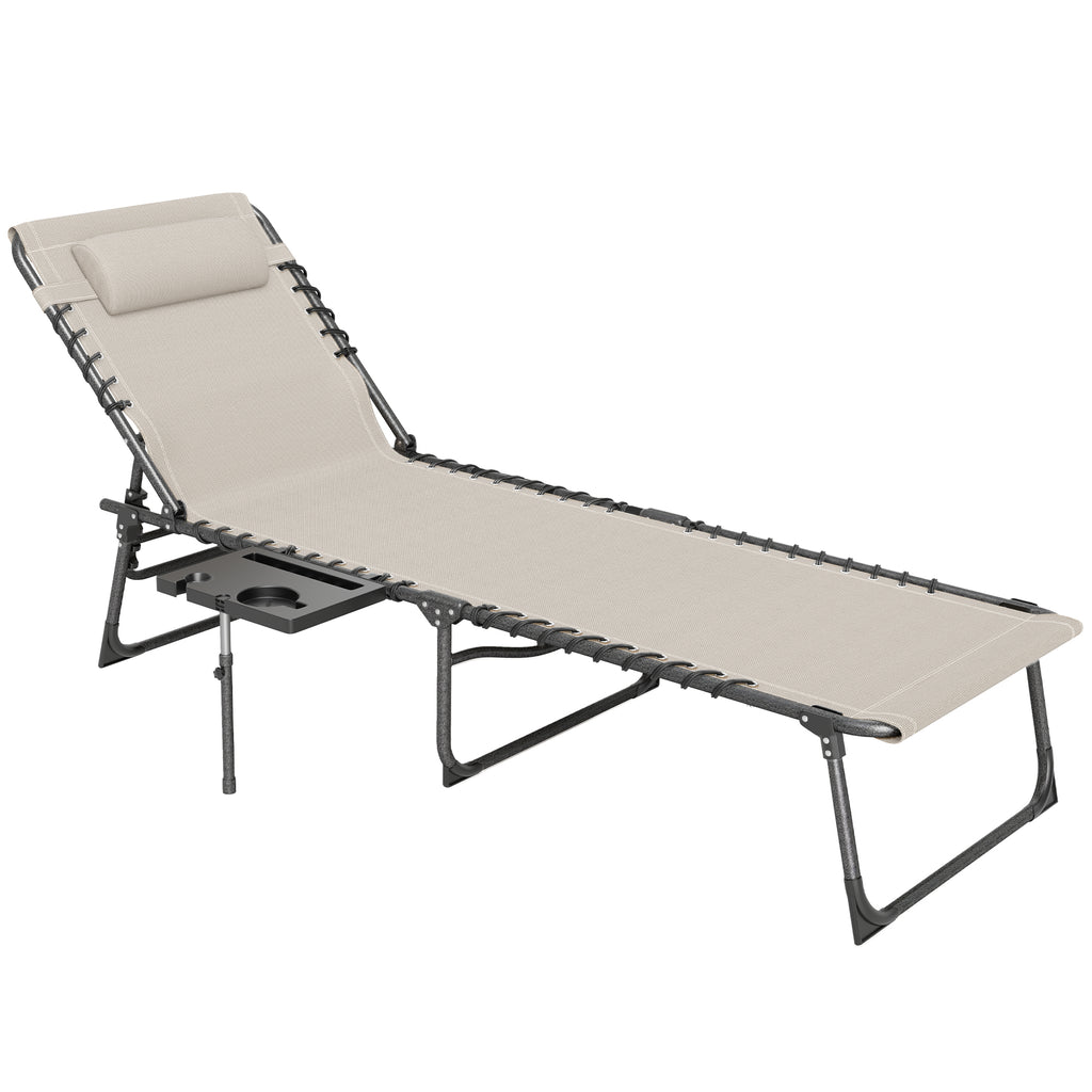 Folding and Reclining Deckchair with 5 Levels with Side Table and Pocket, 60x190x31 cm, Cream