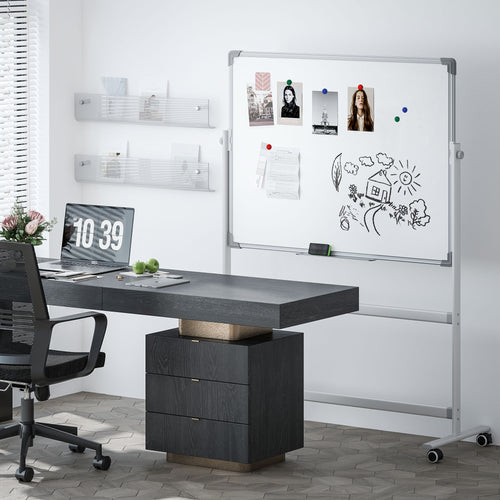 2-Sided White Magnetic Whiteboard with Accessories and 4 Wheels, in Aluminum and Steel, 127x50x165 cm