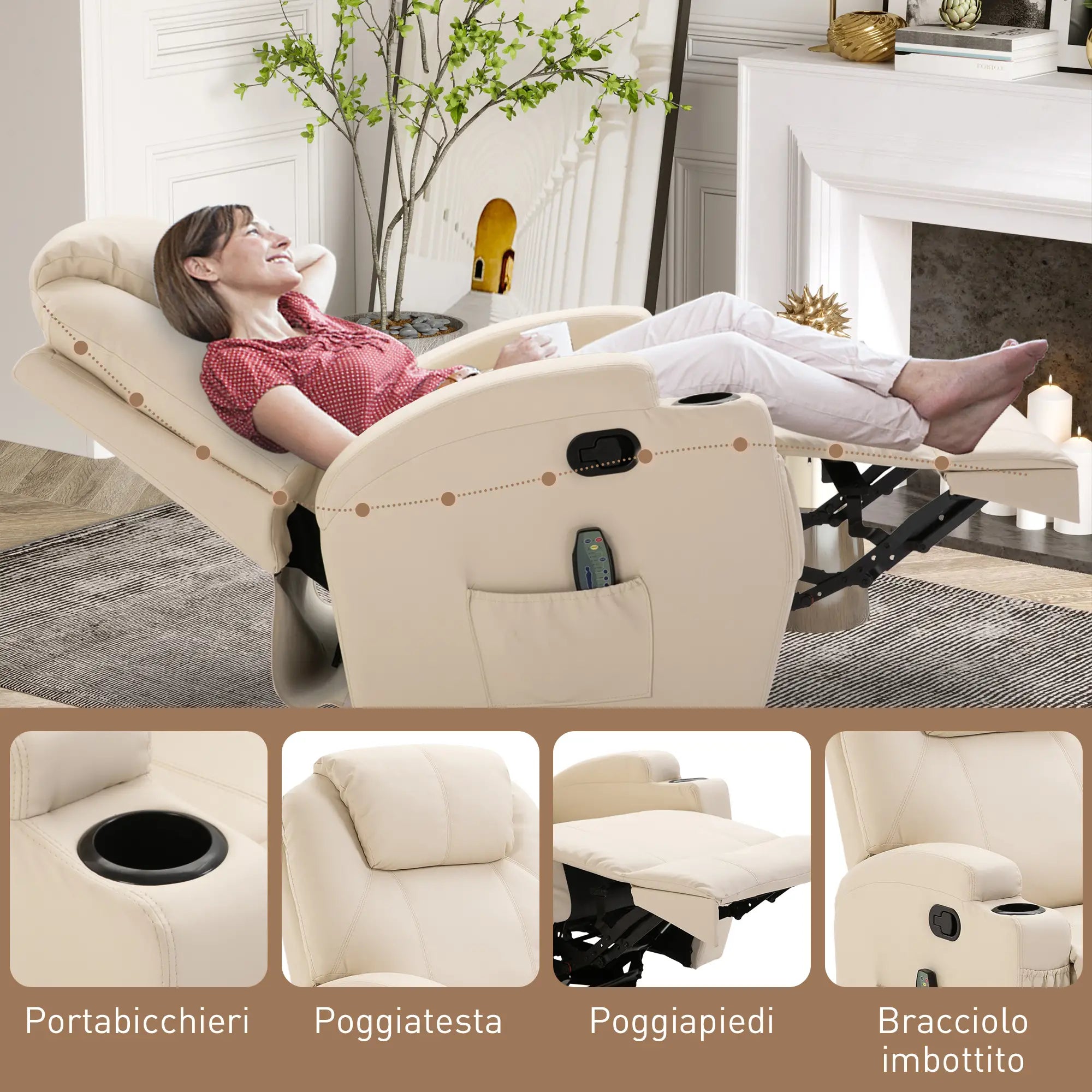 Manual Reclining Massage Chair, Electric Swivel Relax Chair with 2 Cup Holders, Remote Control, Footrest and 4 Side Pockets, in PU Leather, Wood and Steel, Cream