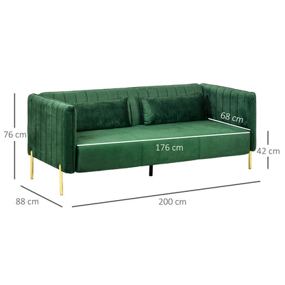 DELUX | 3 Seater Green Velvety Fabric Sofa with padded cushions | 200x88x76 cm - Borgè