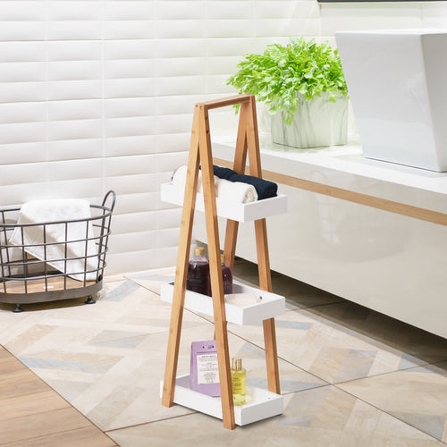 3 Tier Bathroom Shelf in MDF and Bamboo, 30x18x81cm, Wood and Grey Color