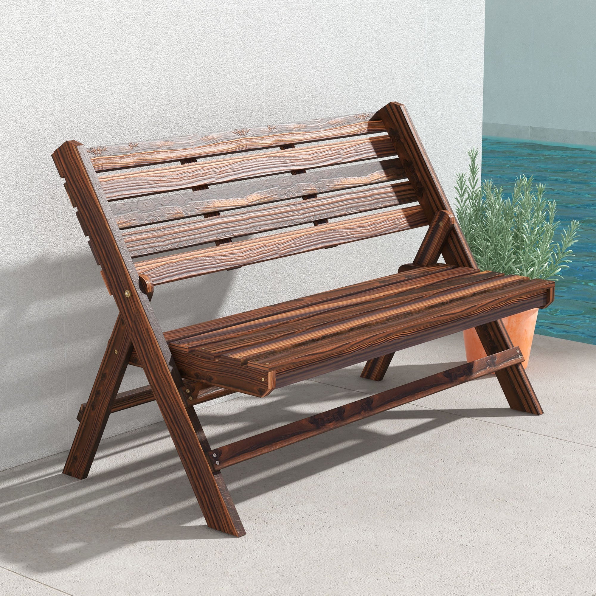 Outsunny 2-Seater Folding Garden Bench with Slatted Pine Wood, 122x63x83 cm, Carbonized