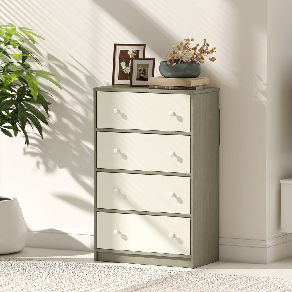 4-Drawer Folding Chest with Double Handles, Made of Wood, Steel and Fabric, 58x30x91 cm, White and Grey