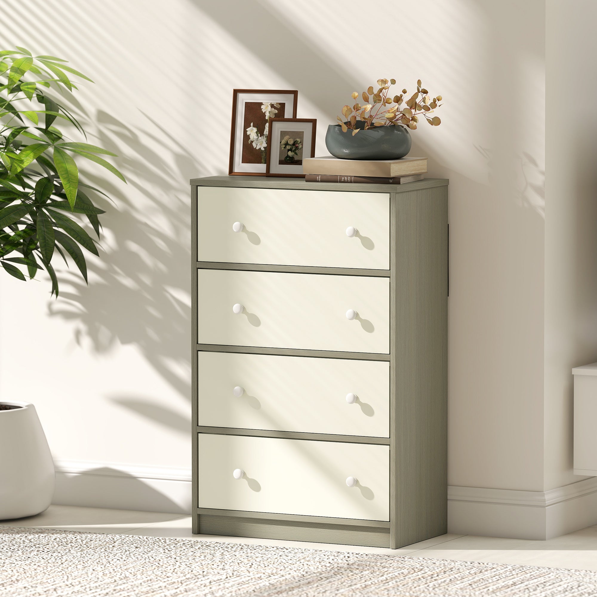 4-Drawer Folding Chest with Double Handles, Made of Wood, Steel and Fabric, 58x30x91 cm, White and Grey