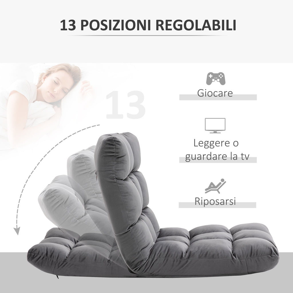 Velvet Floor Chair with 180° Reclining Backrest and Thick Padding, 55x71x53.5cm, Dark Grey