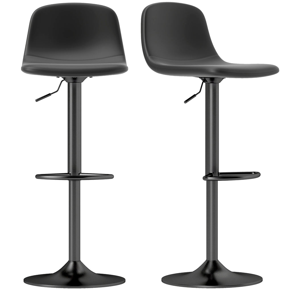 Set of 2 Bar Stools with Backrest and Footrest, Adjustable Height, PU Leather and Padding, Black