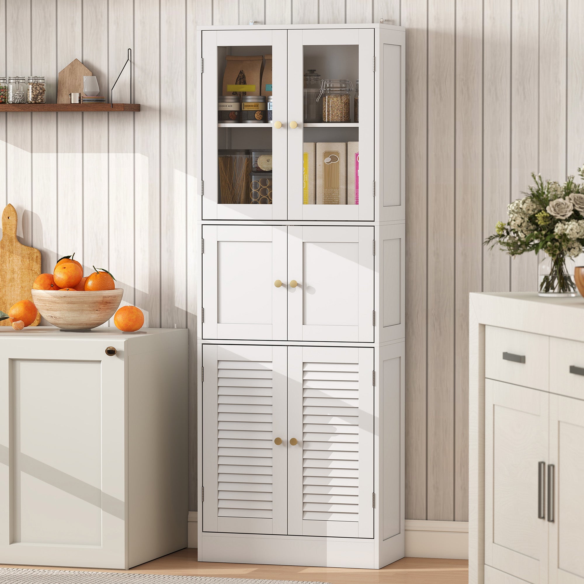 Bathroom Cabinet with 3 Glass and Wood 2-Door Cabinets, Adjustable Shelves, 60x30x170 cm, White