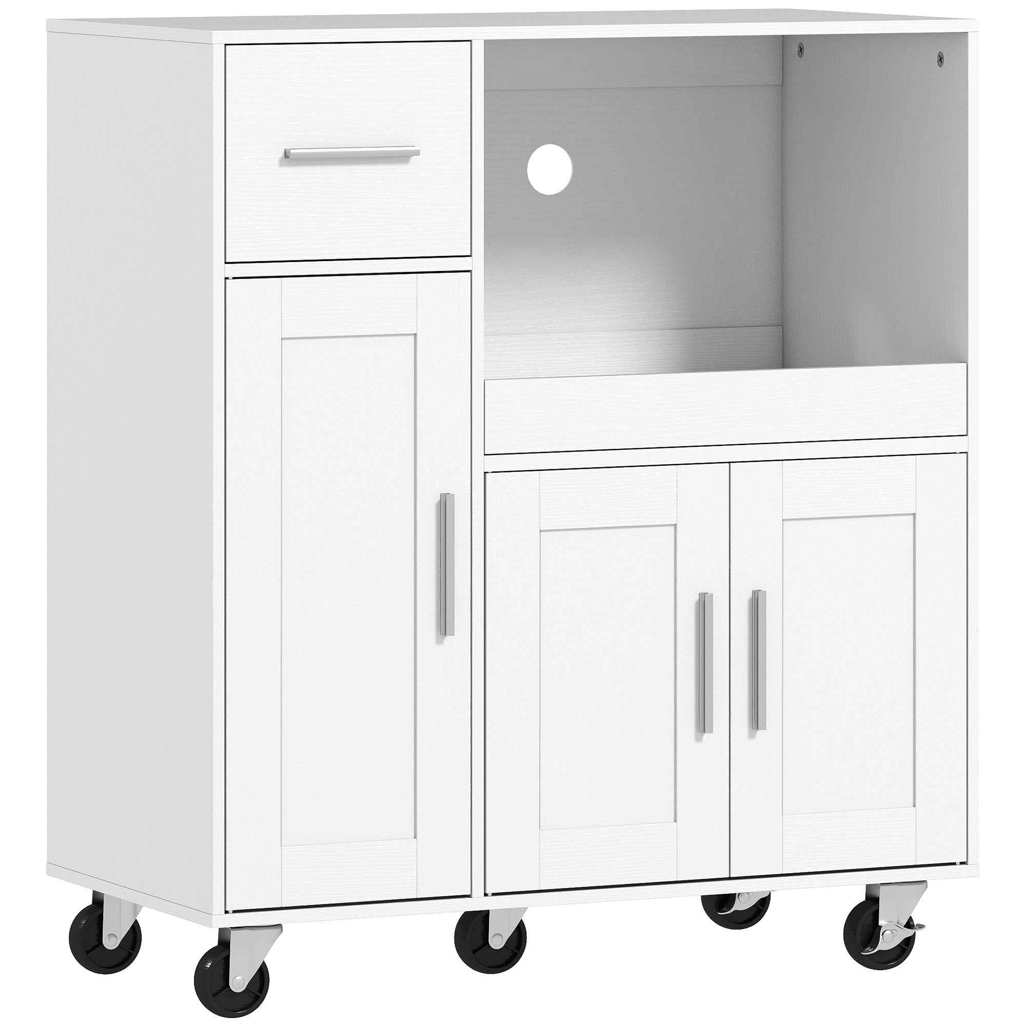 HOMCOM Wooden Microwave Cabinet with Drawer, 2 Cupboards, Open Shelf and Adjustable Top, 80x40x88.7 cm, White